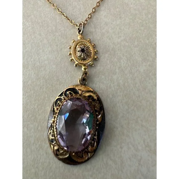 Antique Victorian gold filled Etruscan revival purple paste pendant necklace - Picture 2 of 10